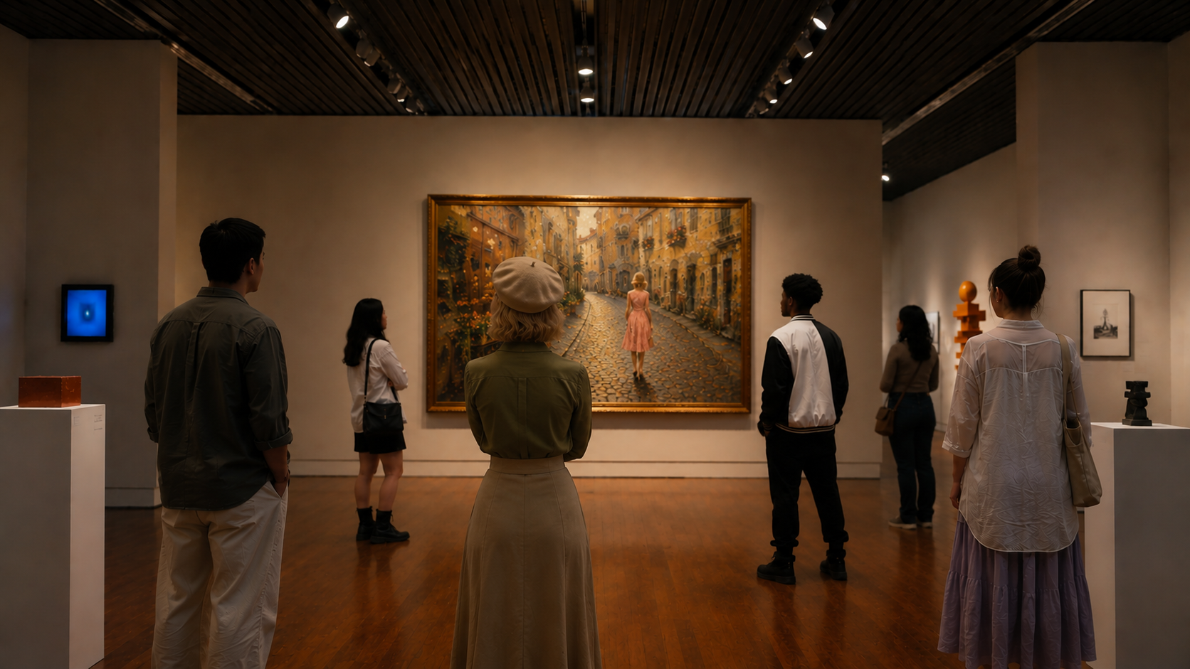 Visitors before large painting
