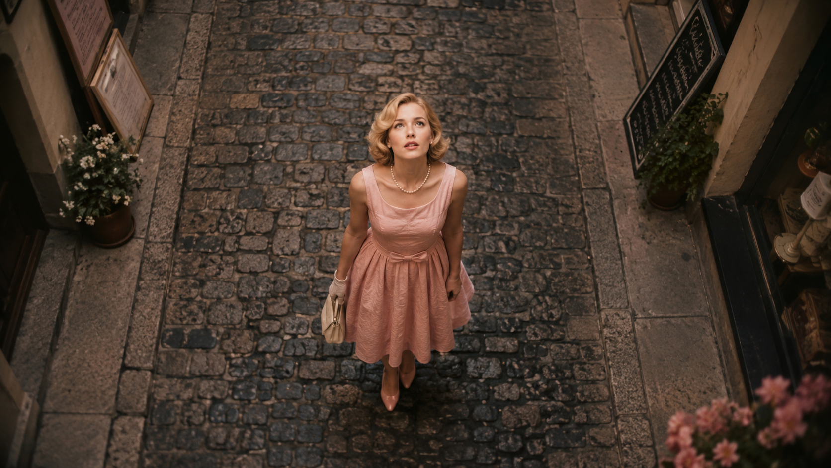 Pink dress on cobblestone street