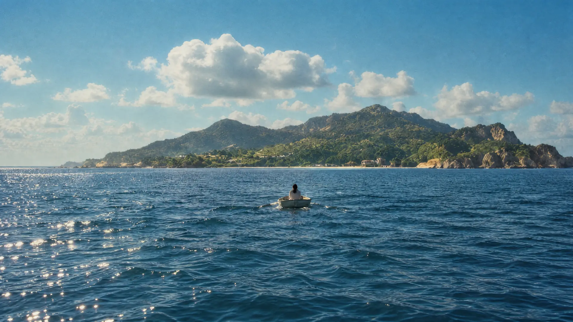 Rowboat heading toward an island