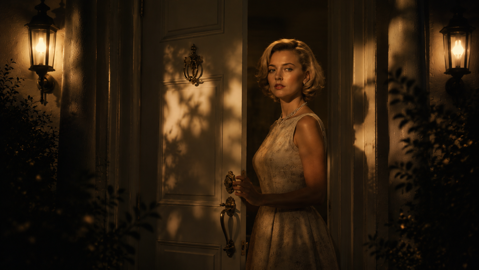 Woman at doorway between lanterns