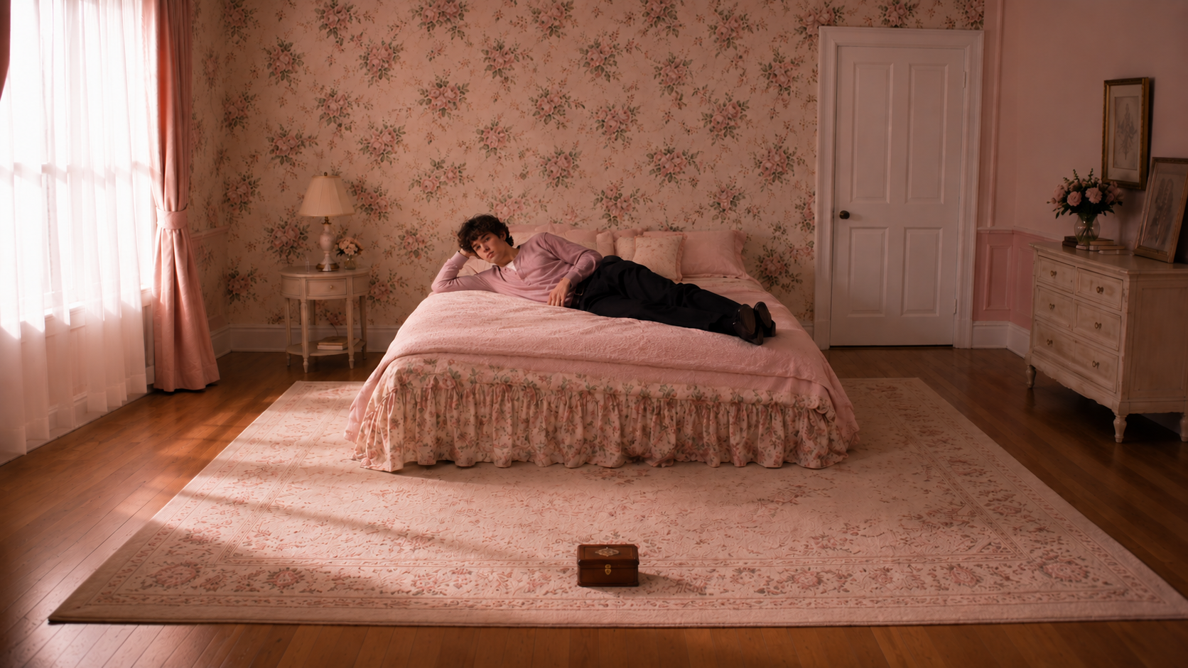 Boy reclining in pink floral bedroom
