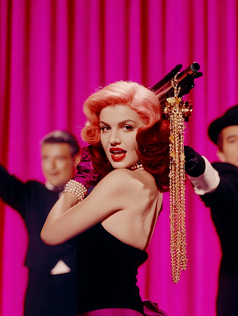Woman in front of pink curtain